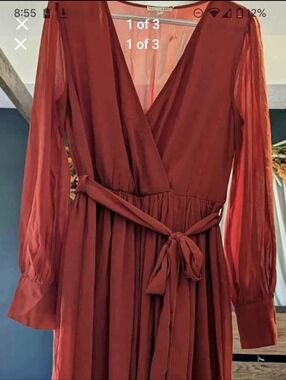 Baltic Born Rust Red Wrap Maxi Dress with Sheer Long Sleeves